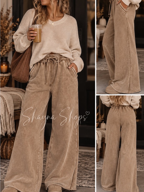 Zenana Outfitters Pants - Zenana Deep Camel Acid Wash Wide-Leg Drawstring Lounge Pants -Sold Out Color